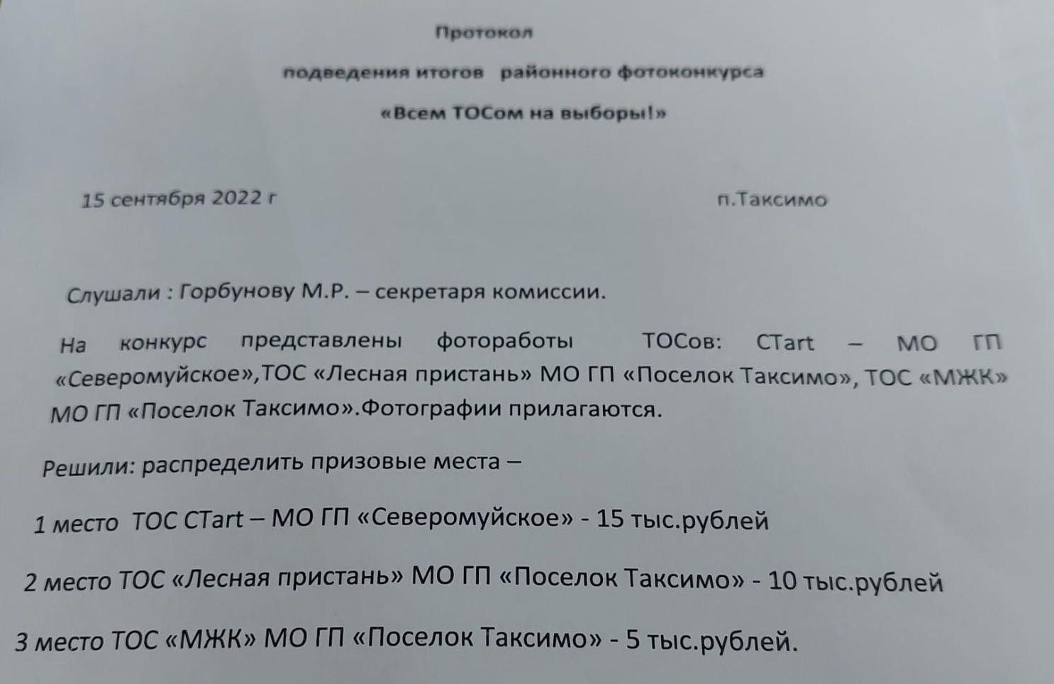 ТОС “СТаrt” 11.09.2022г.  занял 1 место в районном фотоконкурсе “Всем ТОСом на выборы!”