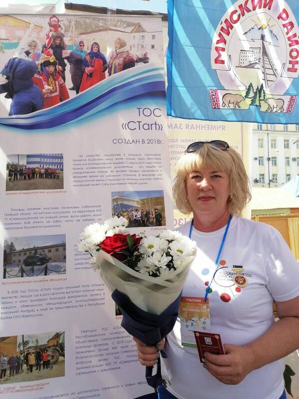ТОС “СТаrt”  11 августа 2022г.  Аглеева Наталья Сергеевна, активный участник ТОСа “СТаrt” поселка Северомуйск, награждена нагрудным знаком “Лидер территориального общественного самоуправления в Республике Бурятия” на Республиканском фестивале ТОСов.  Поздравляем!!!